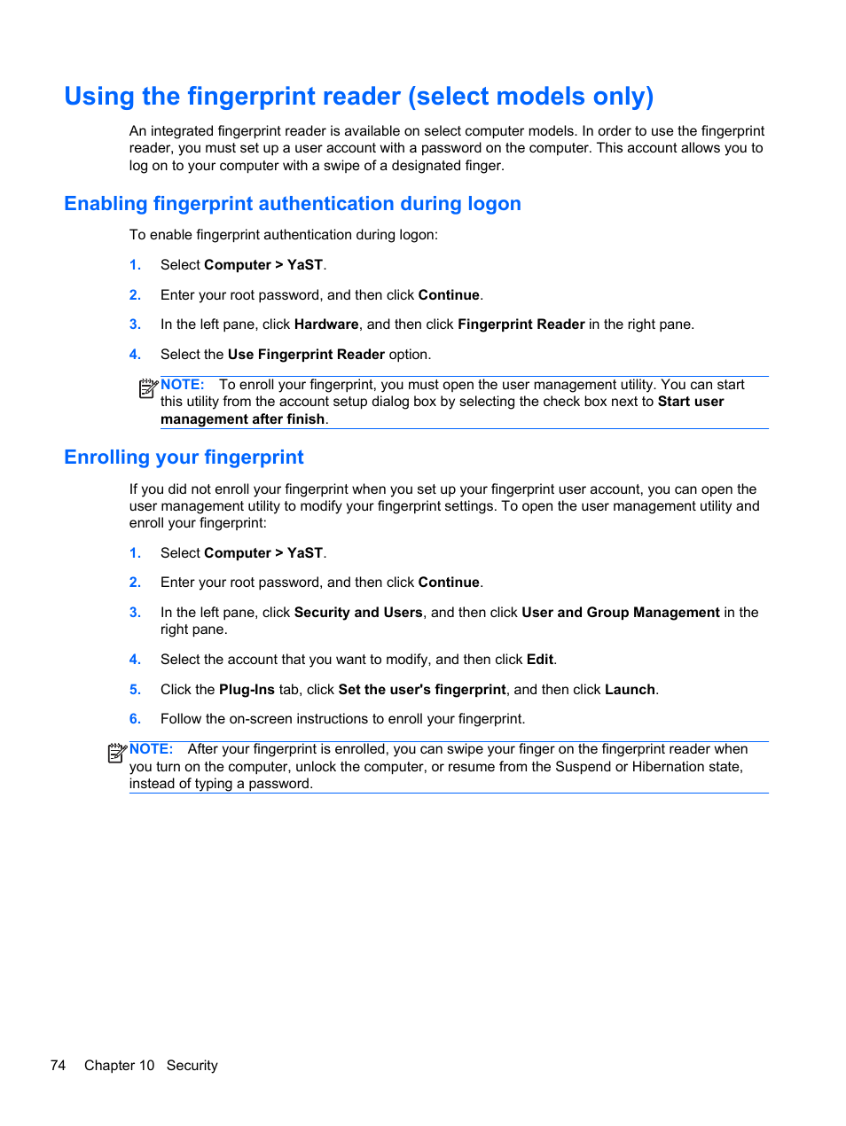 Using the fingerprint reader (select models only), Enabling fingerprint authentication during logon, Enrolling your fingerprint | HP ProBook 4740s Notebook-PC User Manual | Page 84 / 110