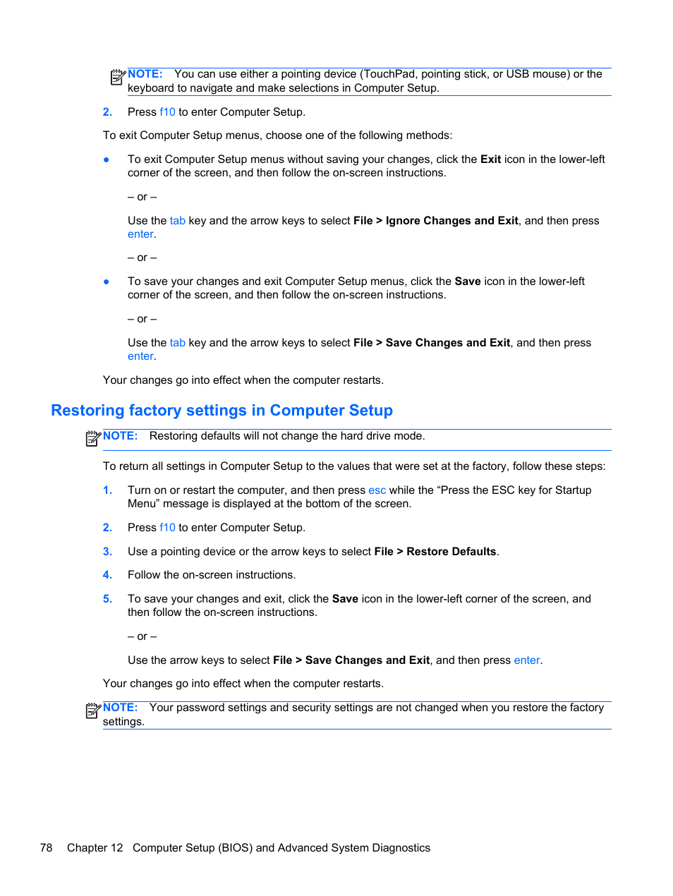 Restoring factory settings in computer setup | HP ProBook 4740s Notebook-PC User Manual | Page 88 / 110