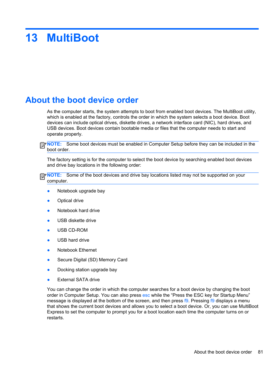 Multiboot, About the boot device order, 13 multiboot | HP ProBook 4740s Notebook-PC User Manual | Page 91 / 110