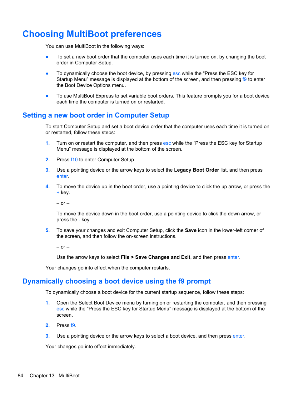 Choosing multiboot preferences, Setting a new boot order in computer setup | HP ProBook 4740s Notebook-PC User Manual | Page 94 / 110
