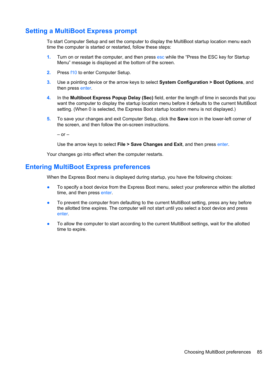 Setting a multiboot express prompt, Entering multiboot express preferences | HP ProBook 4740s Notebook-PC User Manual | Page 95 / 110