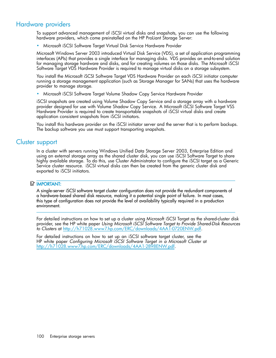 Cluster support, Hardware providers | HP ProLiant DL380 G5-Storage-Server User Manual | Page 100 / 156