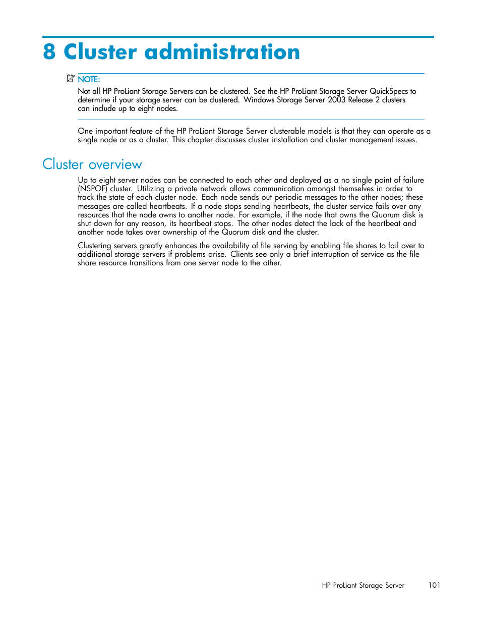 8 cluster administration, Cluster overview | HP ProLiant DL380 G5-Storage-Server User Manual | Page 101 / 156