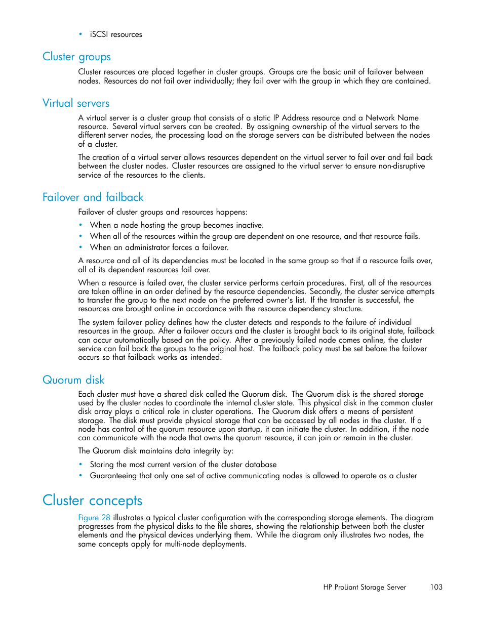 Cluster concepts, Cluster groups, Virtual servers | Failover and failback, Quorum disk | HP ProLiant DL380 G5-Storage-Server User Manual | Page 103 / 156