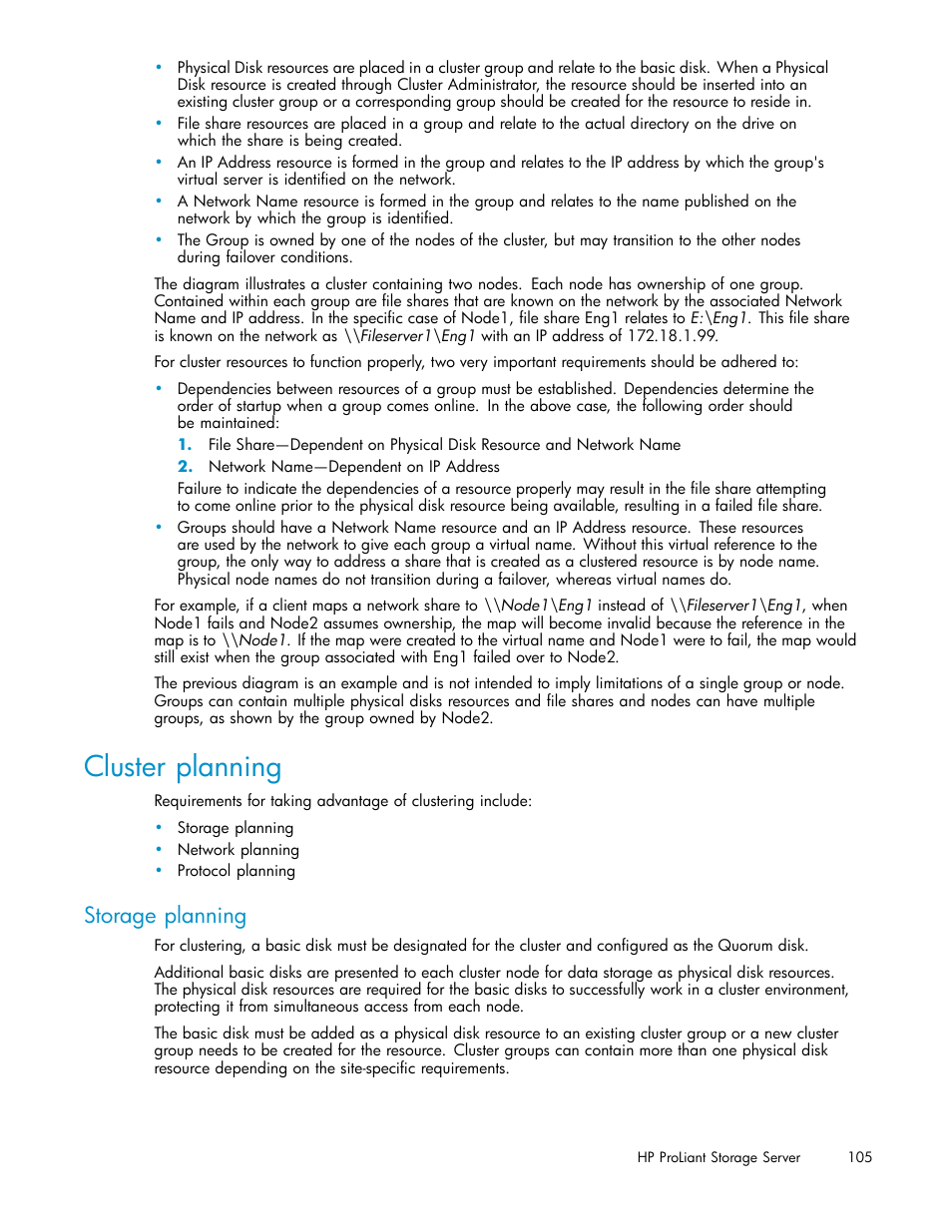 Cluster planning, Storage planning | HP ProLiant DL380 G5-Storage-Server User Manual | Page 105 / 156