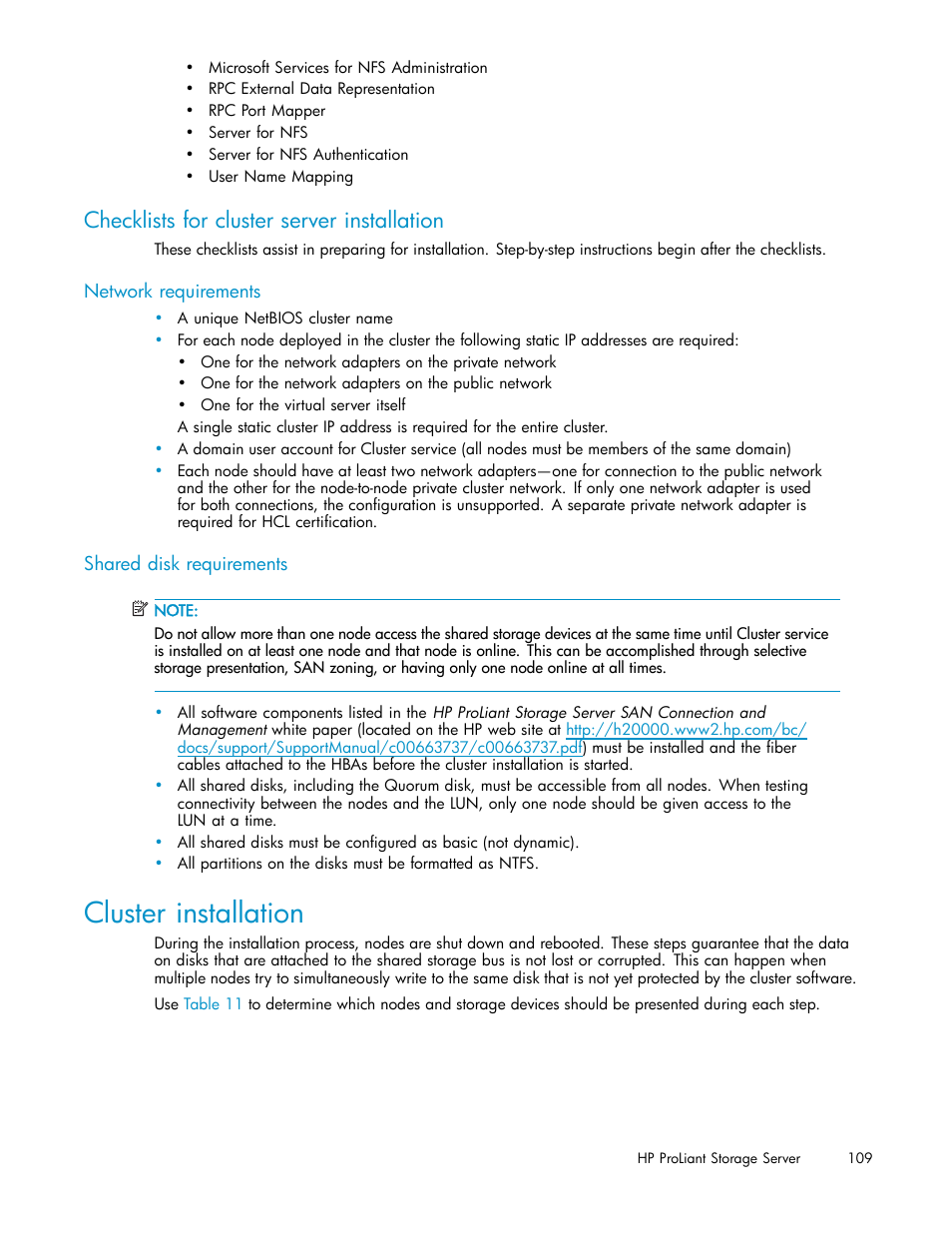 Cluster installation, Checklists for cluster server installation, Network requirements | Shared disk requirements | HP ProLiant DL380 G5-Storage-Server User Manual | Page 109 / 156