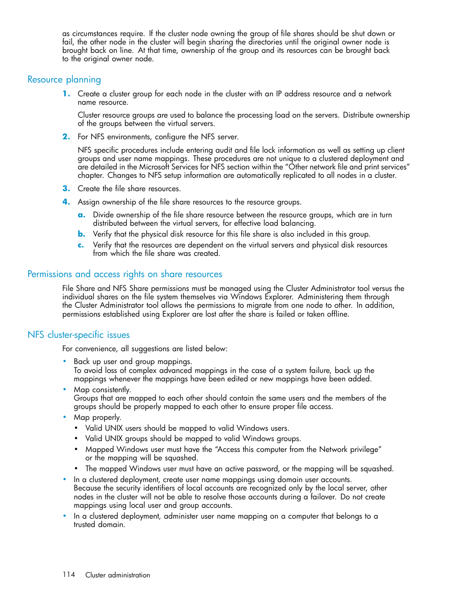 Resource planning, Permissions and access rights on share resources, Nfs cluster-specific issues | HP ProLiant DL380 G5-Storage-Server User Manual | Page 114 / 156
