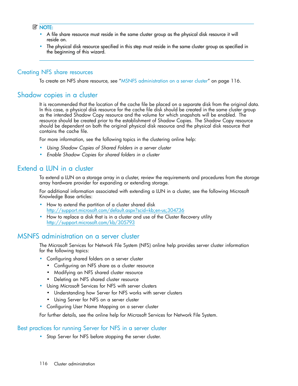 Creating nfs share resources, Shadow copies in a cluster, Extend a lun in a cluster | Msnfs administration on a server cluster | HP ProLiant DL380 G5-Storage-Server User Manual | Page 116 / 156