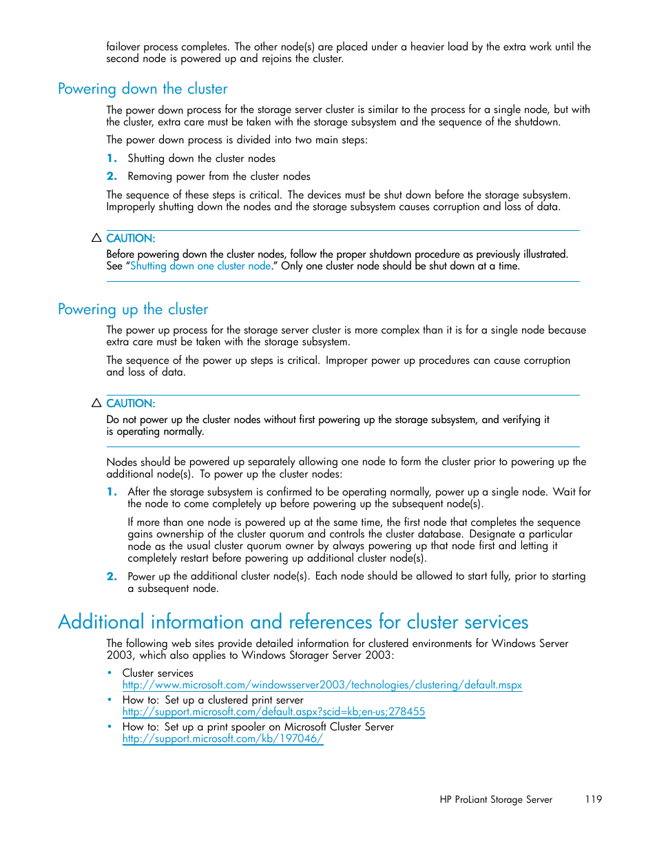 Powering down the cluster, Powering up the cluster | HP ProLiant DL380 G5-Storage-Server User Manual | Page 119 / 156