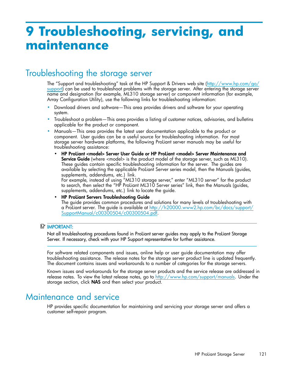 9 troubleshooting, servicing, and maintenance, Troubleshooting the storage server, Maintenance and service | HP ProLiant DL380 G5-Storage-Server User Manual | Page 121 / 156