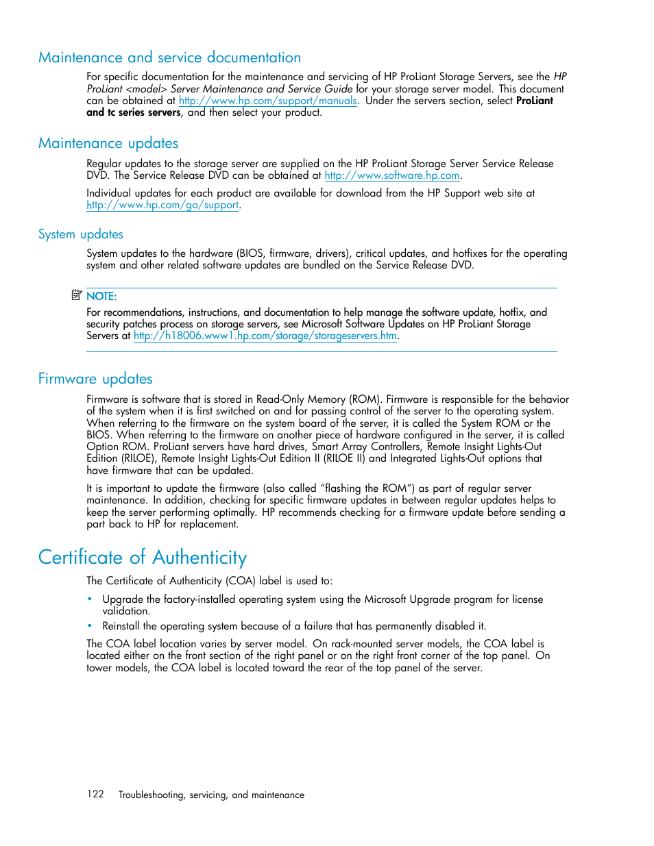 Certificate of authenticity, Maintenance and service documentation, Maintenance updates | System updates, Firmware updates | HP ProLiant DL380 G5-Storage-Server User Manual | Page 122 / 156