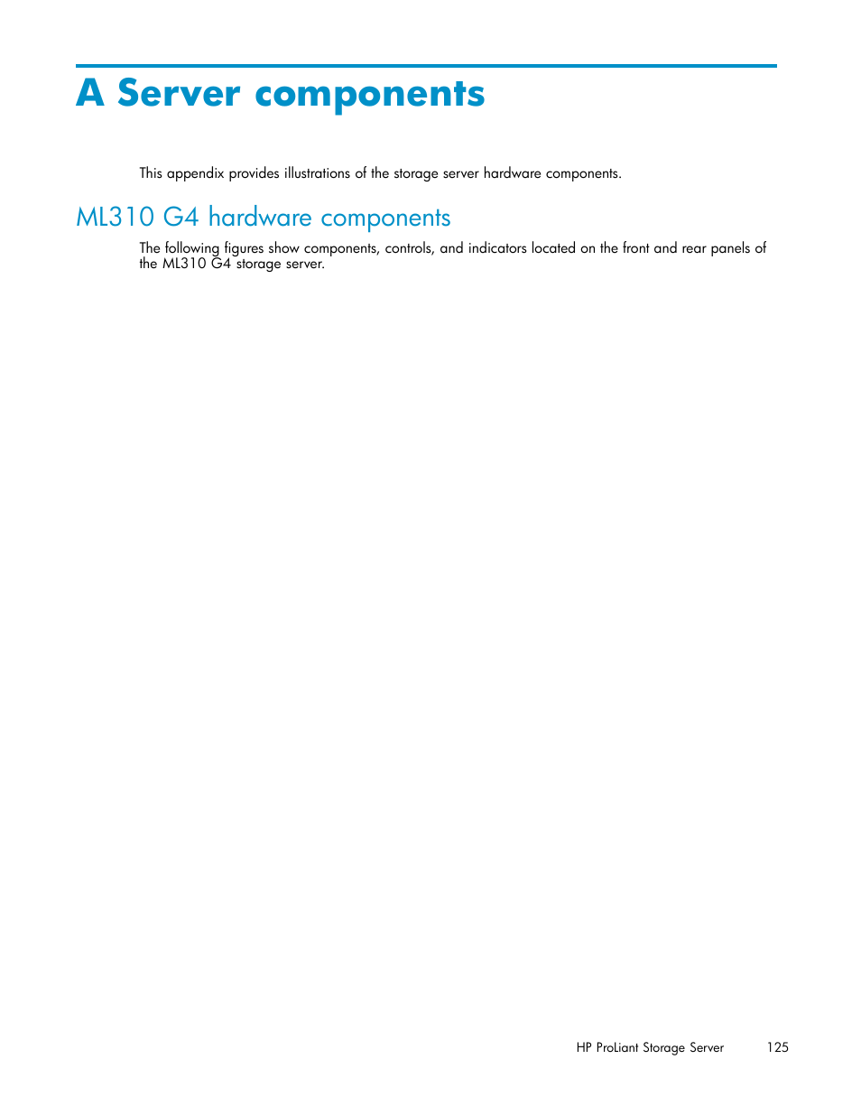A server components, Ml310 g4 hardware components, Server components | HP ProLiant DL380 G5-Storage-Server User Manual | Page 125 / 156