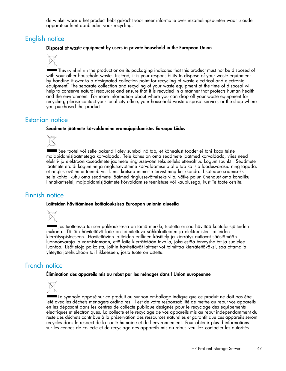 English notice, Estonian notice, Finnish notice | French notice | HP ProLiant DL380 G5-Storage-Server User Manual | Page 147 / 156