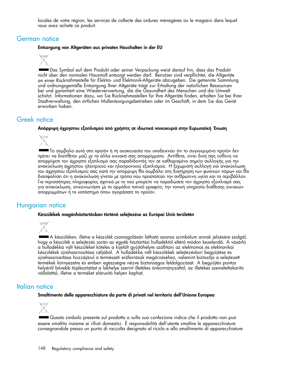 German notice, Greek notice, Hungarian notice | Italian notice | HP ProLiant DL380 G5-Storage-Server User Manual | Page 148 / 156