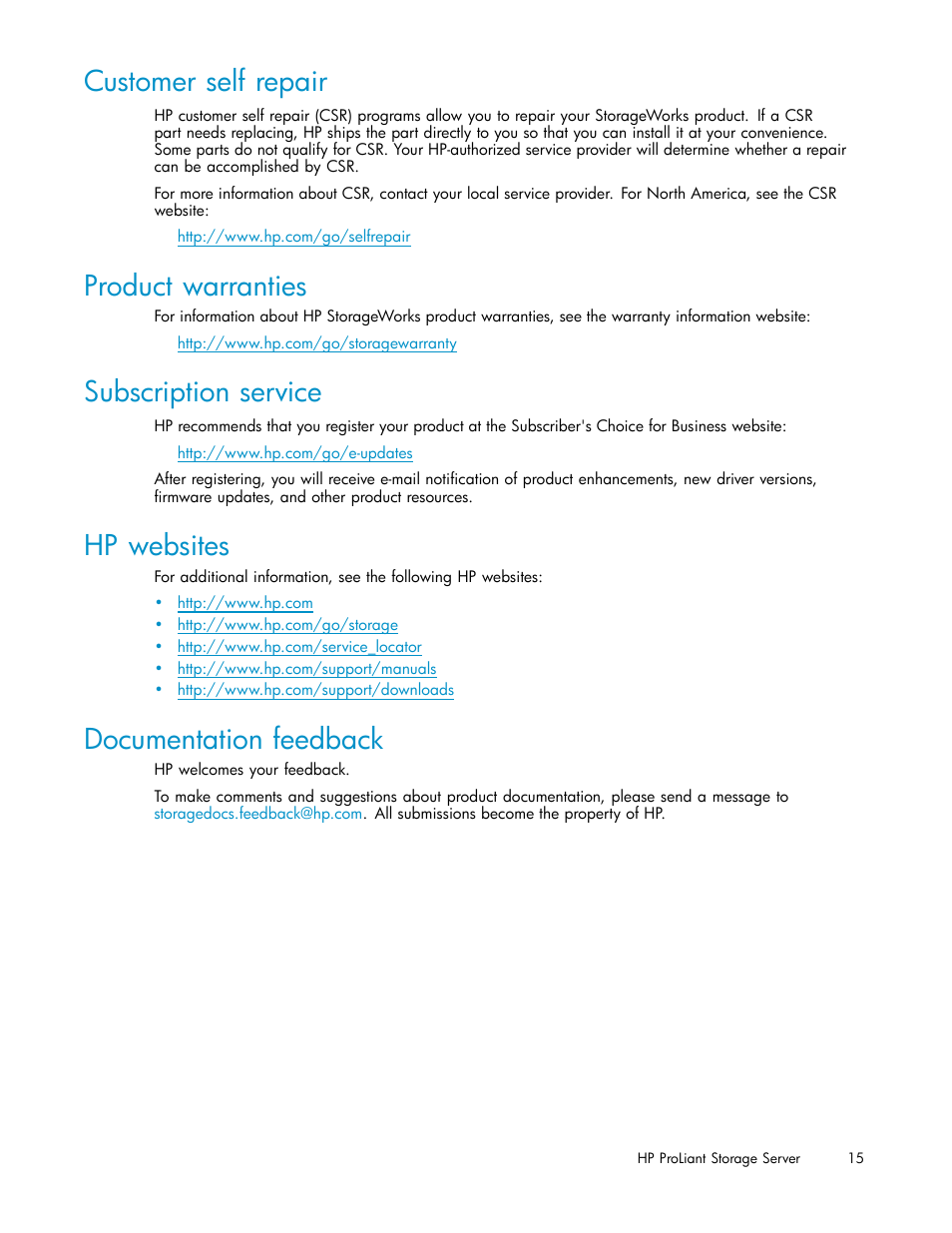 Customer self repair, Product warranties, Subscription service | Hp websites, Documentation feedback | HP ProLiant DL380 G5-Storage-Server User Manual | Page 15 / 156