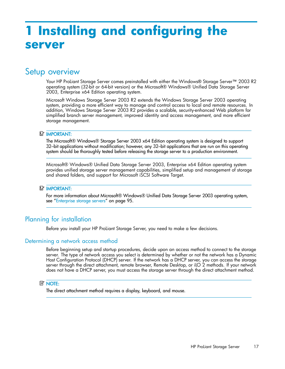 1 installing and configuring the server, Setup overview, Planning for installation | HP ProLiant DL380 G5-Storage-Server User Manual | Page 17 / 156