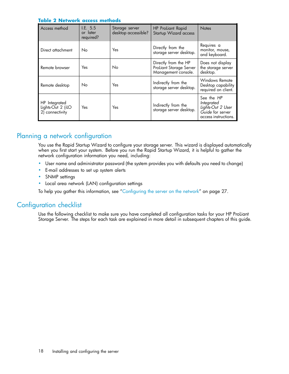 Planning a network configuration, Configuration checklist, Network access methods | HP ProLiant DL380 G5-Storage-Server User Manual | Page 18 / 156