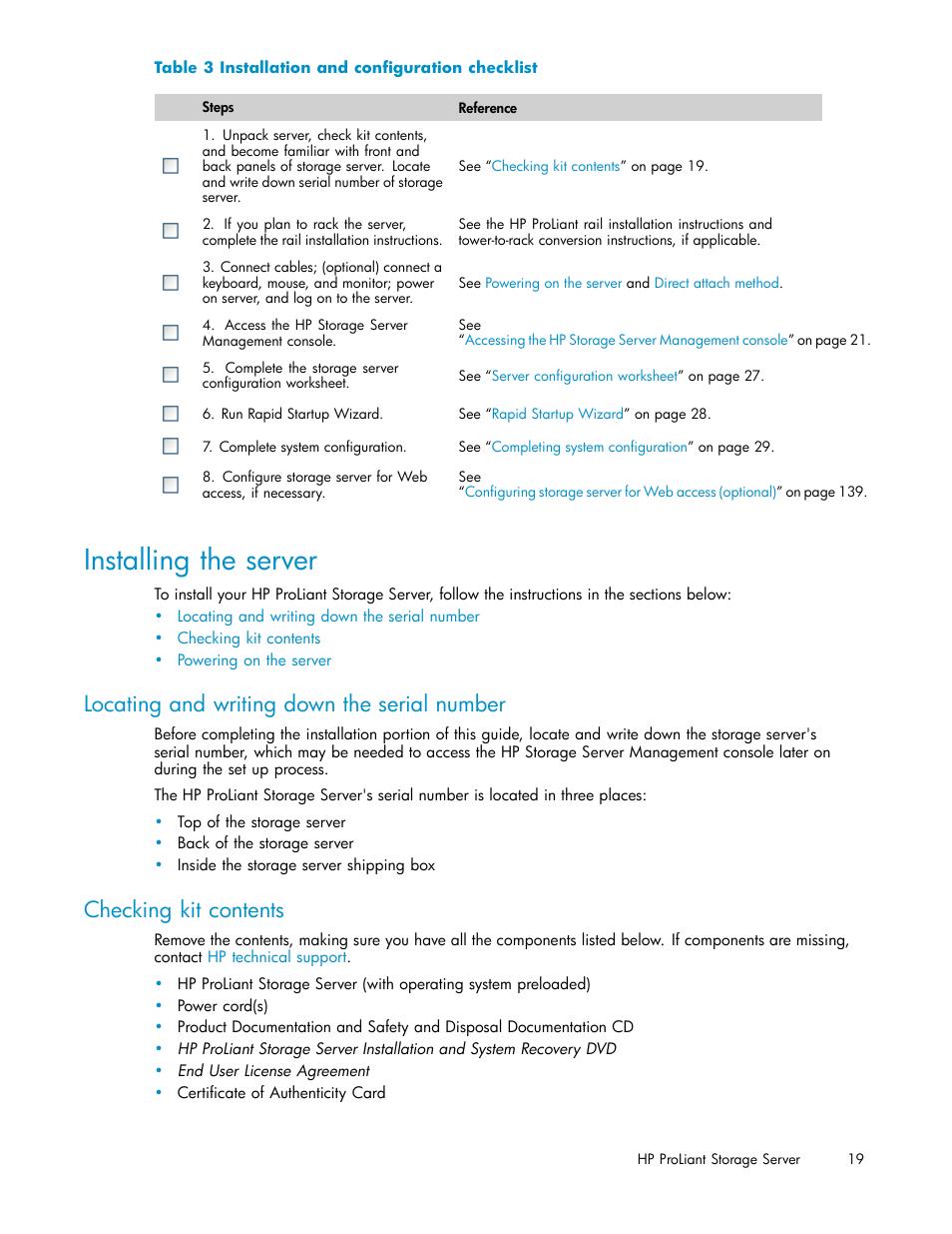 Installing the server, Locating and writing down the serial number, Checking kit contents | Installation and configuration checklist | HP ProLiant DL380 G5-Storage-Server User Manual | Page 19 / 156