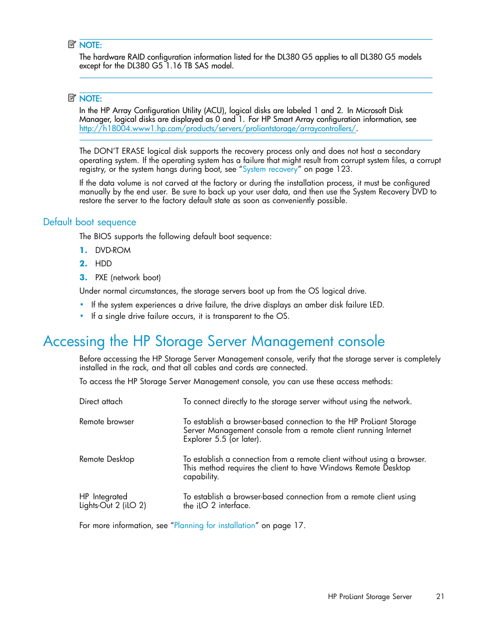 Accessing the hp storage server management console, Default boot sequence | HP ProLiant DL380 G5-Storage-Server User Manual | Page 21 / 156