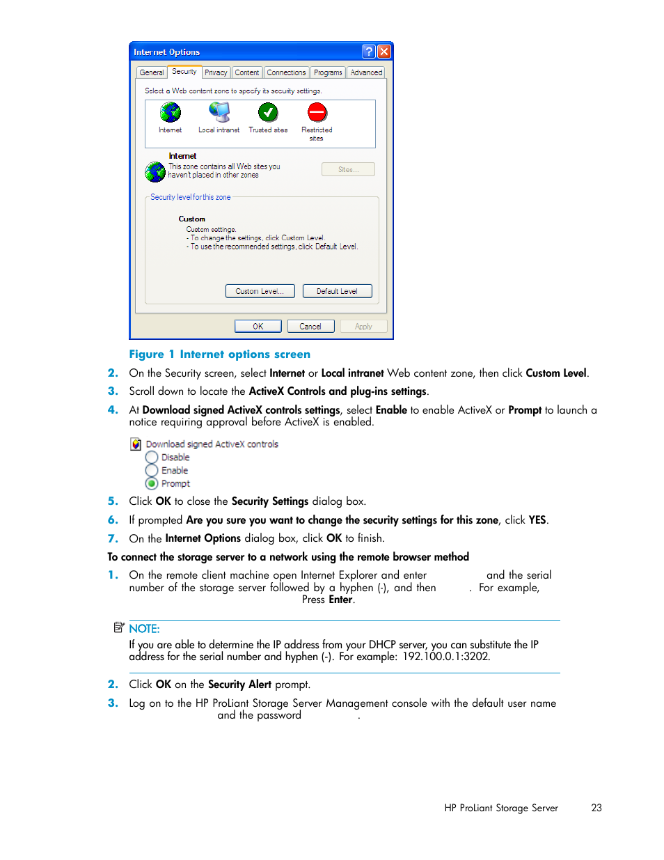 Internet options screen | HP ProLiant DL380 G5-Storage-Server User Manual | Page 23 / 156