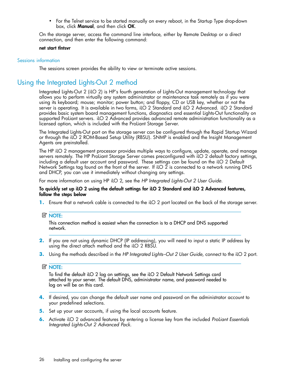 Using the integrated lights-out 2 method | HP ProLiant DL380 G5-Storage-Server User Manual | Page 26 / 156