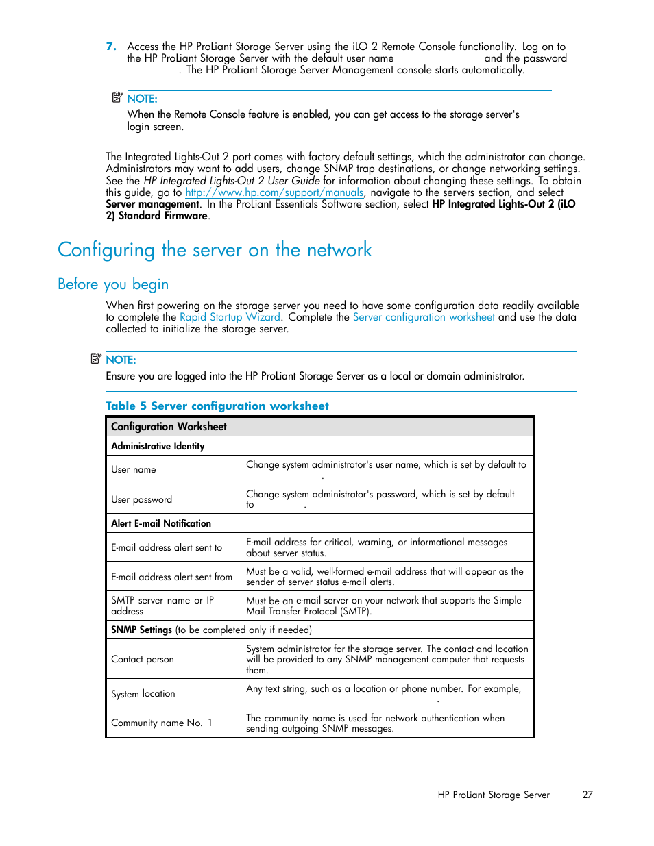 Configuring the server on the network, Before you begin, Server configuration worksheet | HP ProLiant DL380 G5-Storage-Server User Manual | Page 27 / 156