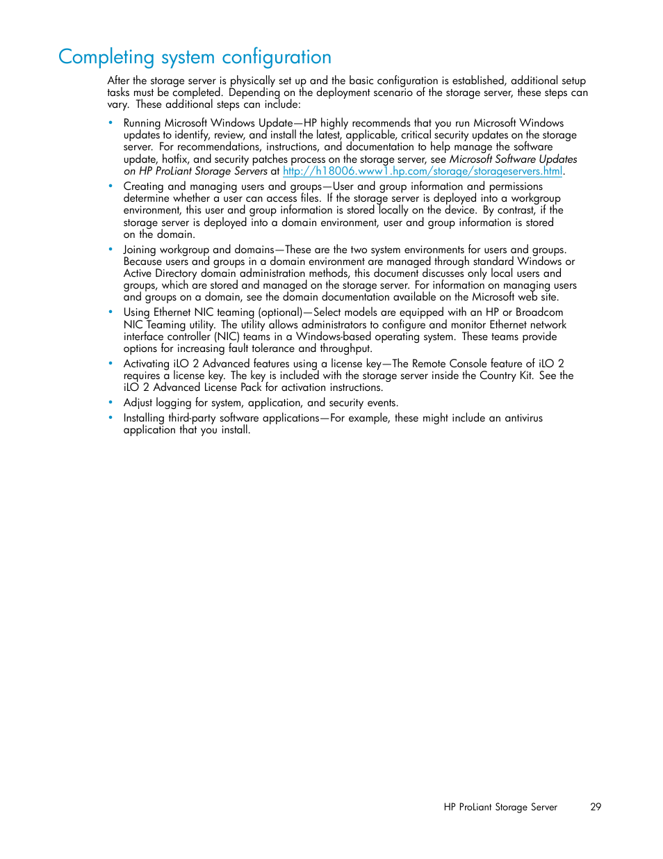 Completing system configuration | HP ProLiant DL380 G5-Storage-Server User Manual | Page 29 / 156