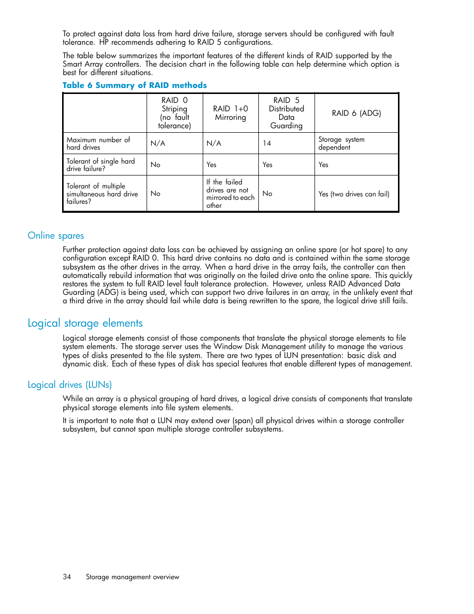 Online spares, Logical storage elements, Logical drives (luns) | Summary of raid methods | HP ProLiant DL380 G5-Storage-Server User Manual | Page 34 / 156