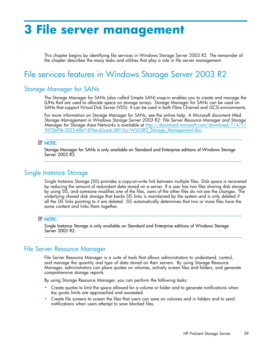 3 file server management, Storage manager for sans, Single instance storage | File server resource manager | HP ProLiant DL380 G5-Storage-Server User Manual | Page 39 / 156