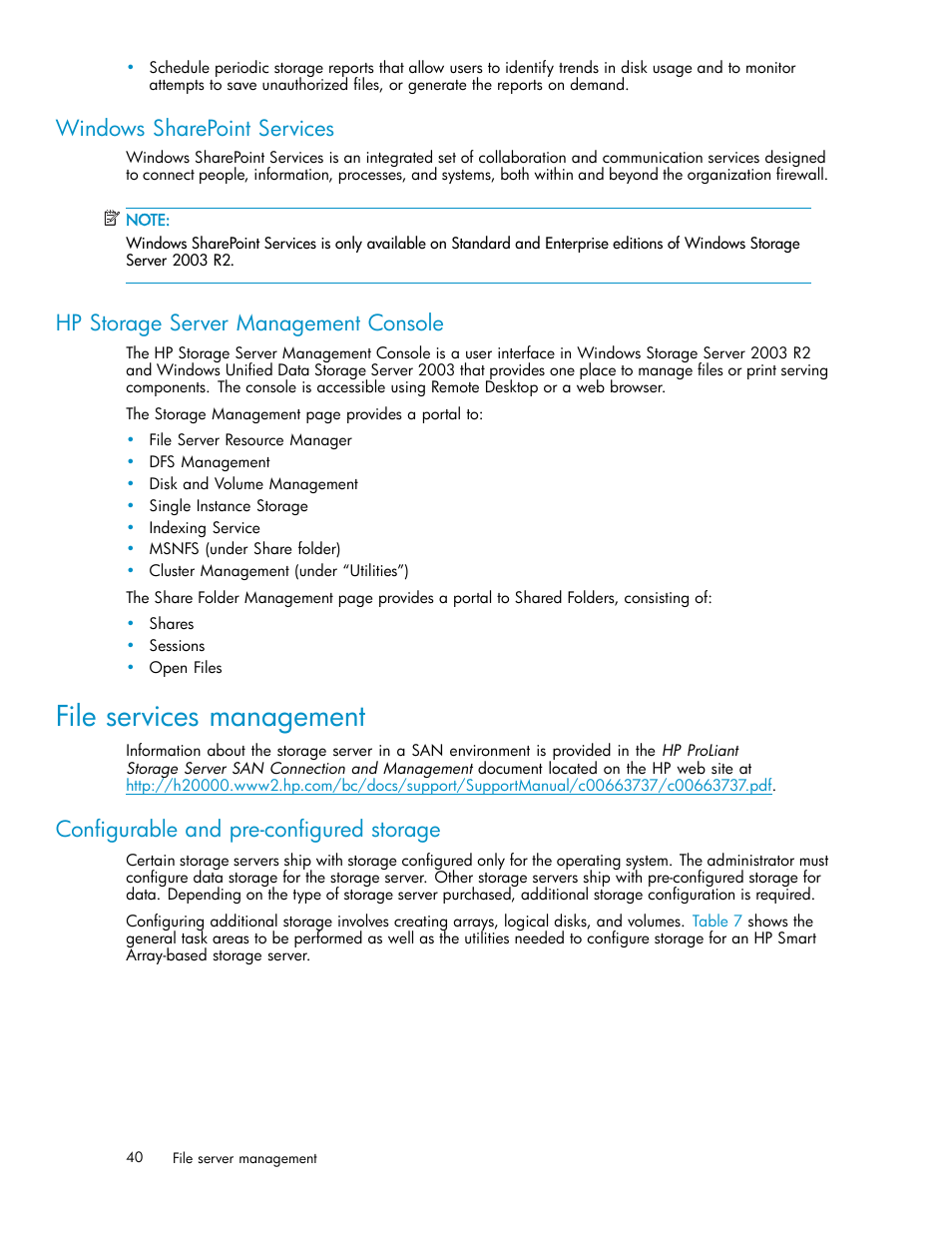 File services management, Windows sharepoint services, Hp storage server management console | Configurable and pre-configured storage | HP ProLiant DL380 G5-Storage-Server User Manual | Page 40 / 156