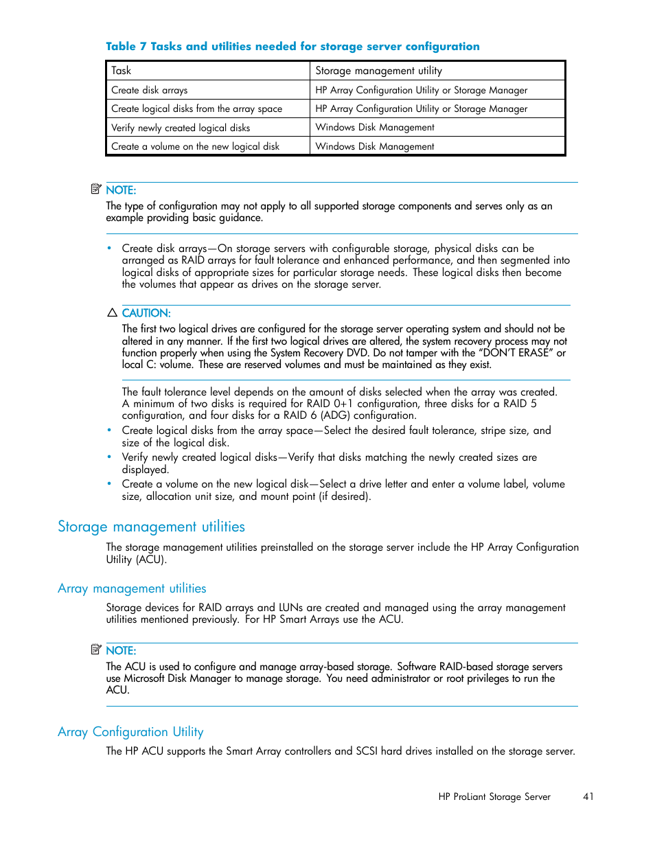 Storage management utilities, Array management utilities, Array configuration utility | HP ProLiant DL380 G5-Storage-Server User Manual | Page 41 / 156