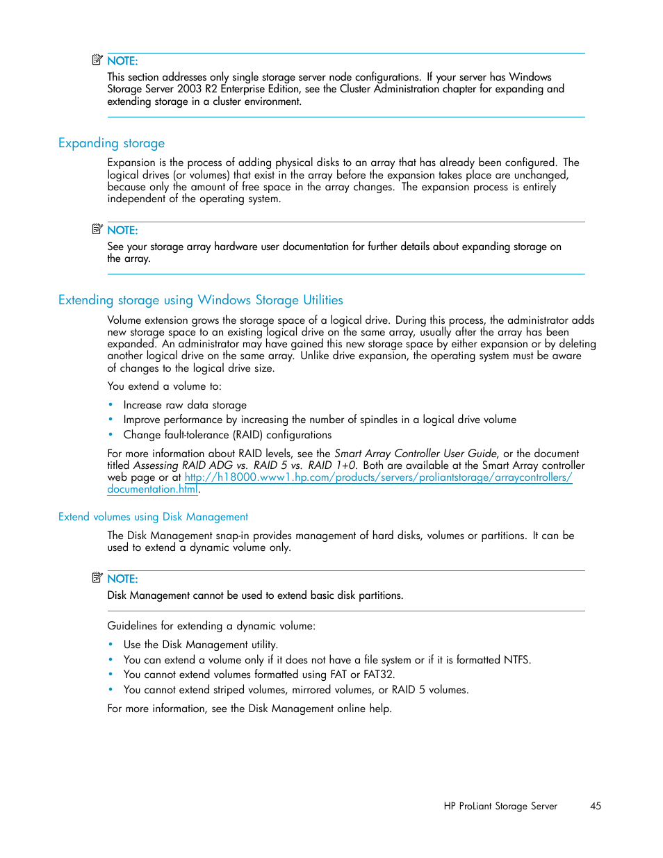 Expanding storage, Extending storage using windows storage utilities | HP ProLiant DL380 G5-Storage-Server User Manual | Page 45 / 156