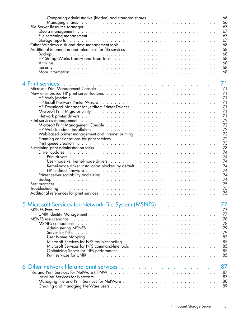 4 print services, 6 other network file and print services | HP ProLiant DL380 G5-Storage-Server User Manual | Page 5 / 156