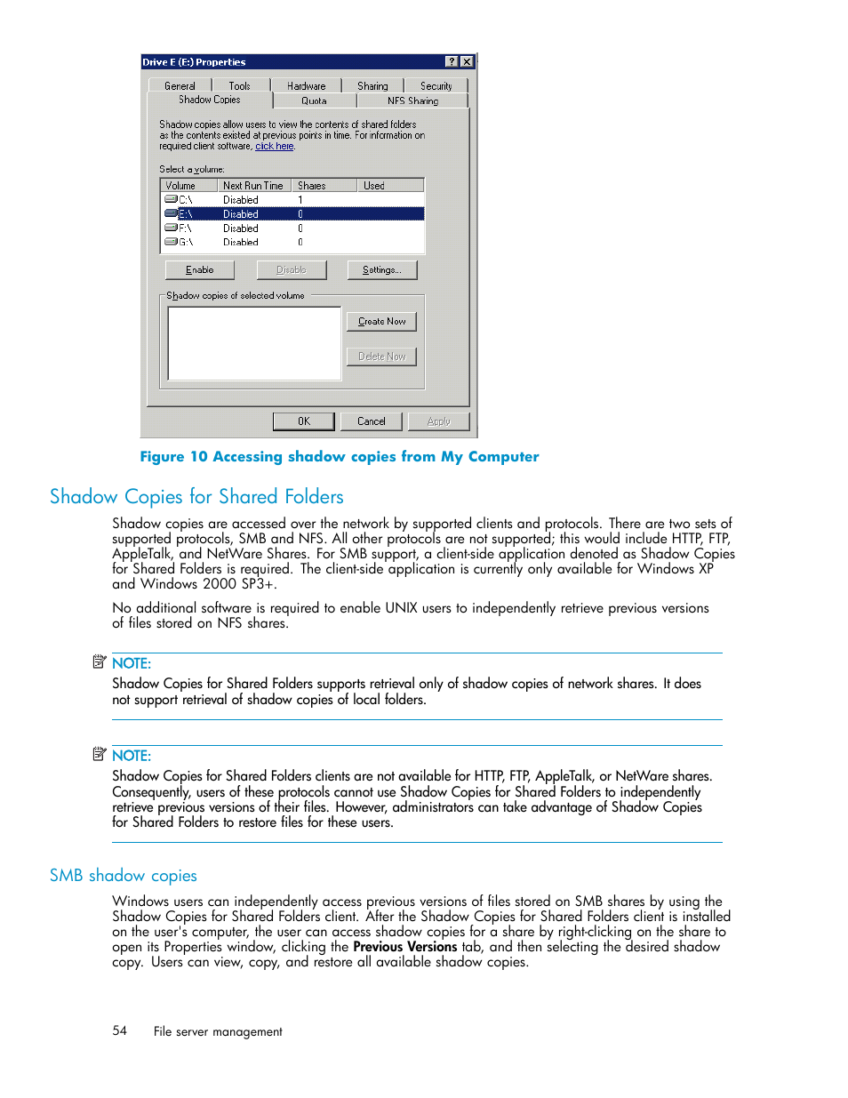 Shadow copies for shared folders, Smb shadow copies, Accessing shadow copies from my computer | HP ProLiant DL380 G5-Storage-Server User Manual | Page 54 / 156