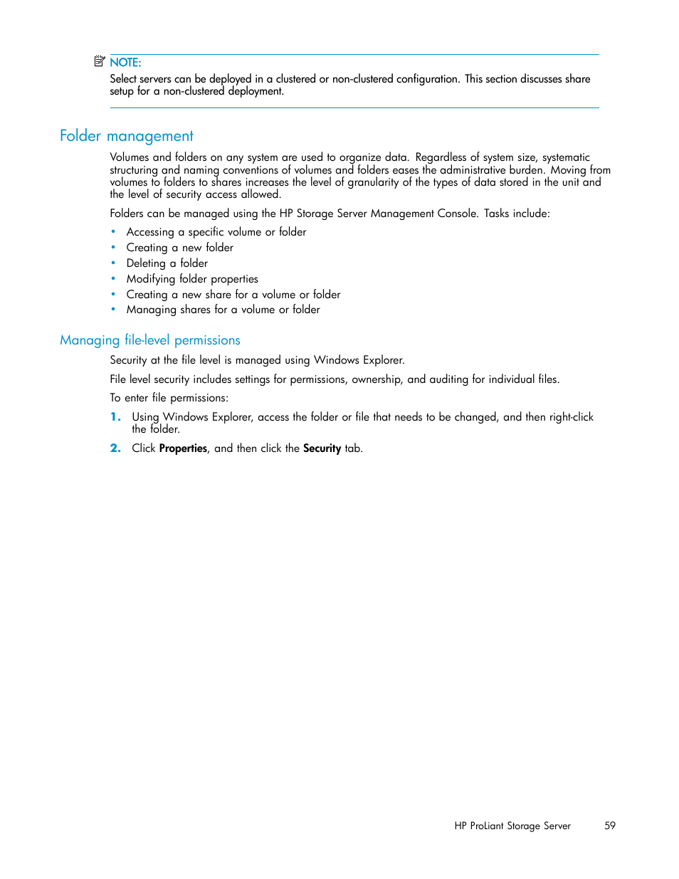 Folder management | HP ProLiant DL380 G5-Storage-Server User Manual | Page 59 / 156