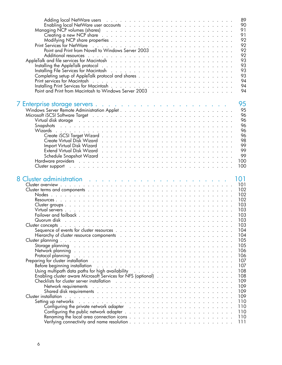 7 enterprise storage servers, 8 cluster administration | HP ProLiant DL380 G5-Storage-Server User Manual | Page 6 / 156