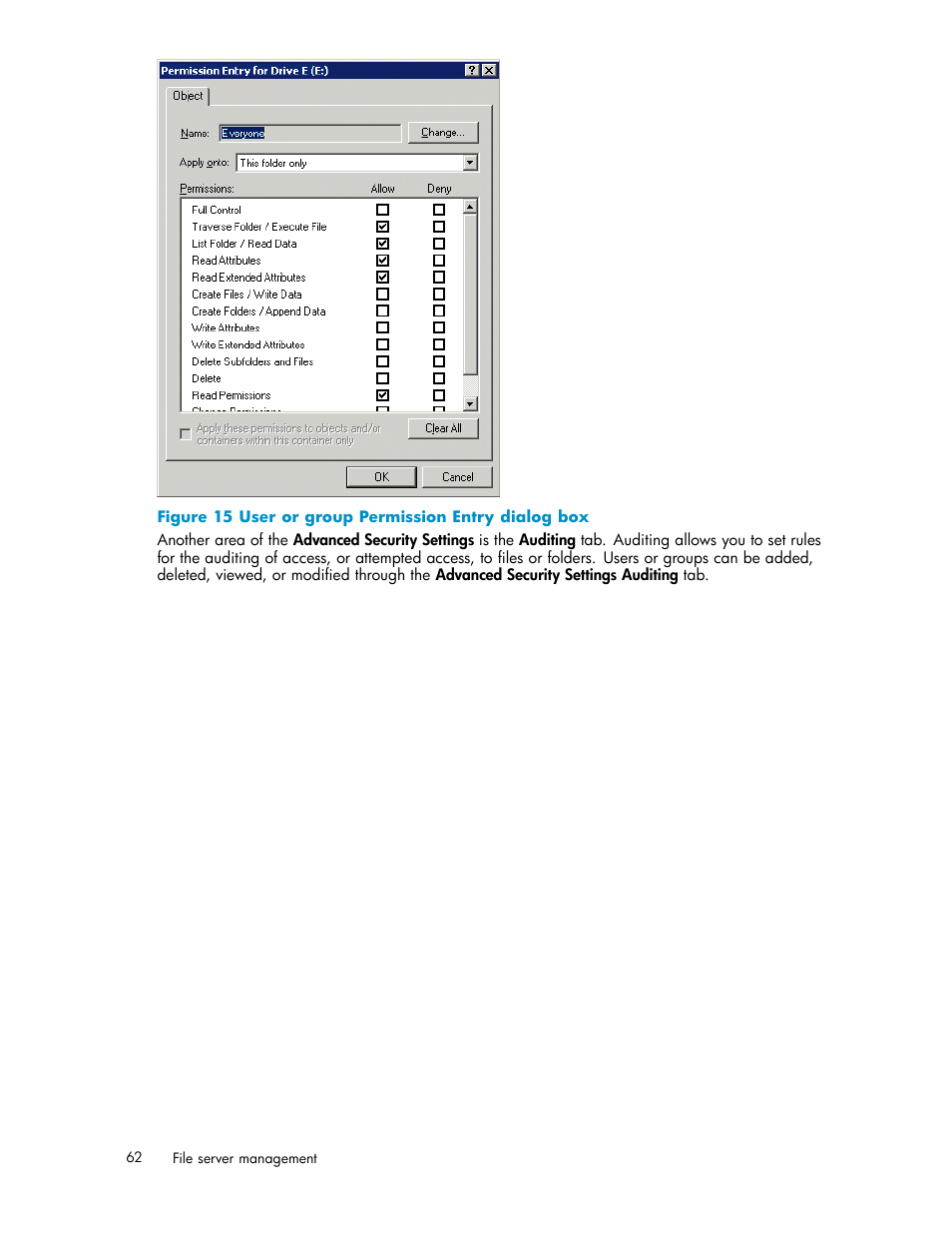 User or group permission entry dialog box | HP ProLiant DL380 G5-Storage-Server User Manual | Page 62 / 156