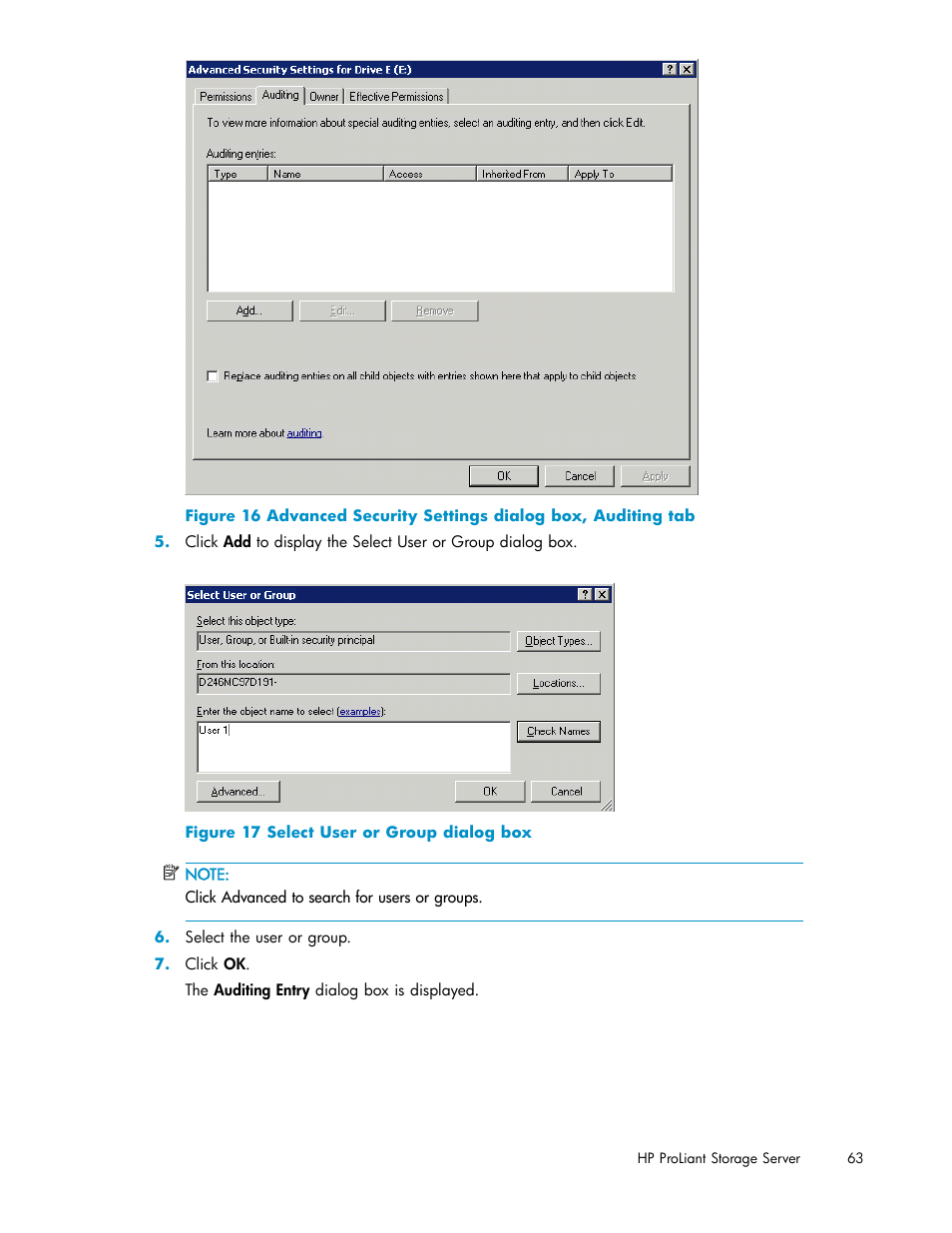 Select user or group dialog box | HP ProLiant DL380 G5-Storage-Server User Manual | Page 63 / 156
