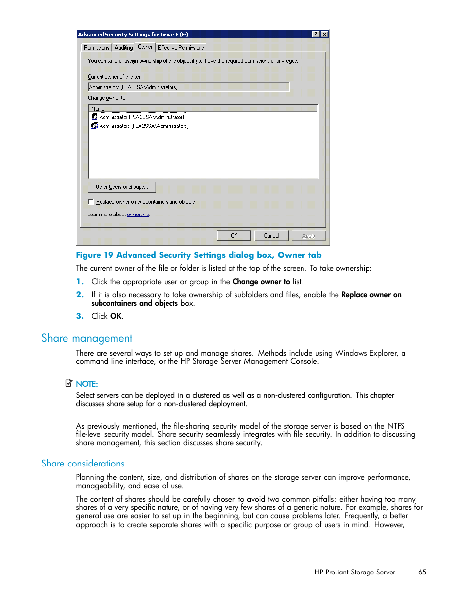 Share management, Share considerations, Advanced security settings dialog box, owner tab | HP ProLiant DL380 G5-Storage-Server User Manual | Page 65 / 156