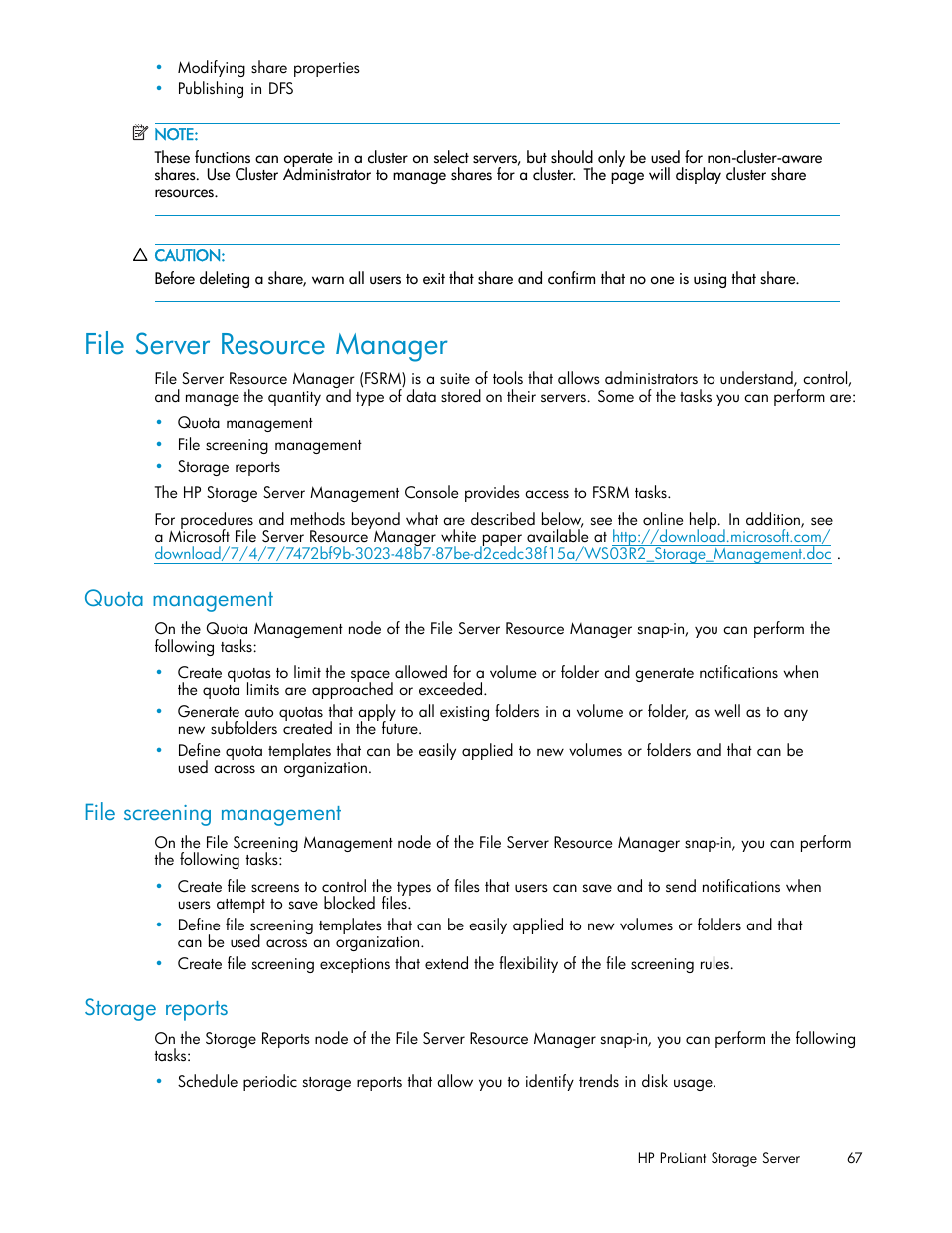 File server resource manager, Quota management, File screening management | Storage reports | HP ProLiant DL380 G5-Storage-Server User Manual | Page 67 / 156