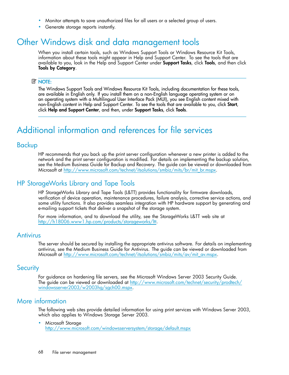 Other windows disk and data management tools, Backup, Hp storageworks library and tape tools | Antivirus, Security, More information | HP ProLiant DL380 G5-Storage-Server User Manual | Page 68 / 156