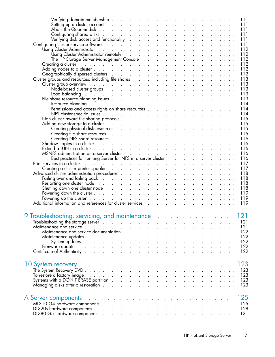 9 troubleshooting, servicing, and maintenance, 10 system recovery, A server components | HP ProLiant DL380 G5-Storage-Server User Manual | Page 7 / 156