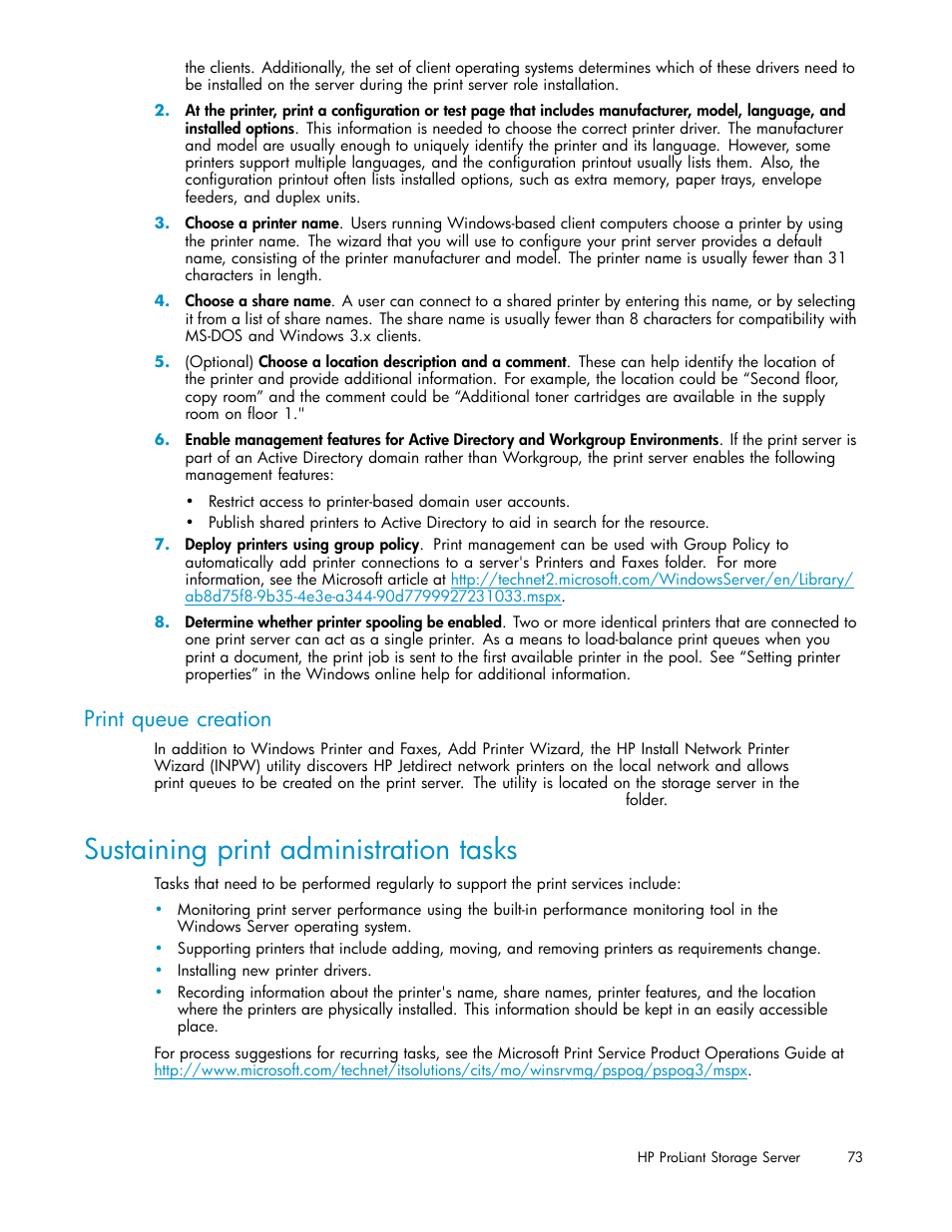 Sustaining print administration tasks, Print queue creation | HP ProLiant DL380 G5-Storage-Server User Manual | Page 73 / 156