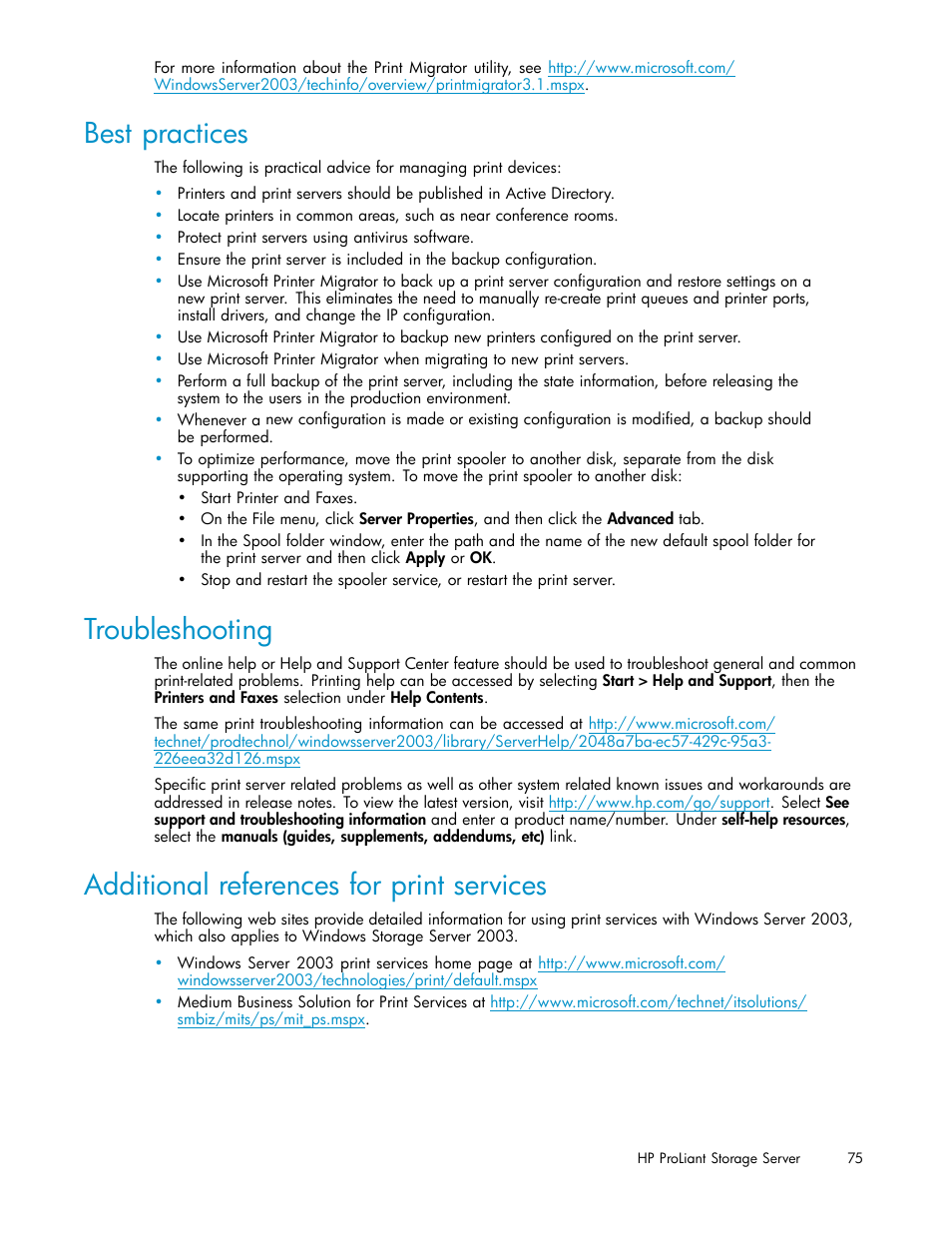 Best practices, Troubleshooting, Additional references for print services | HP ProLiant DL380 G5-Storage-Server User Manual | Page 75 / 156