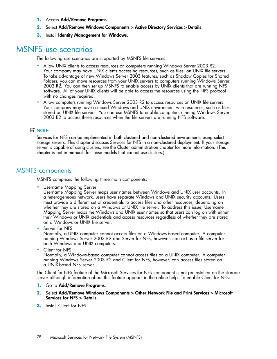 Msnfs use scenarios, Msnfs components | HP ProLiant DL380 G5-Storage-Server User Manual | Page 78 / 156