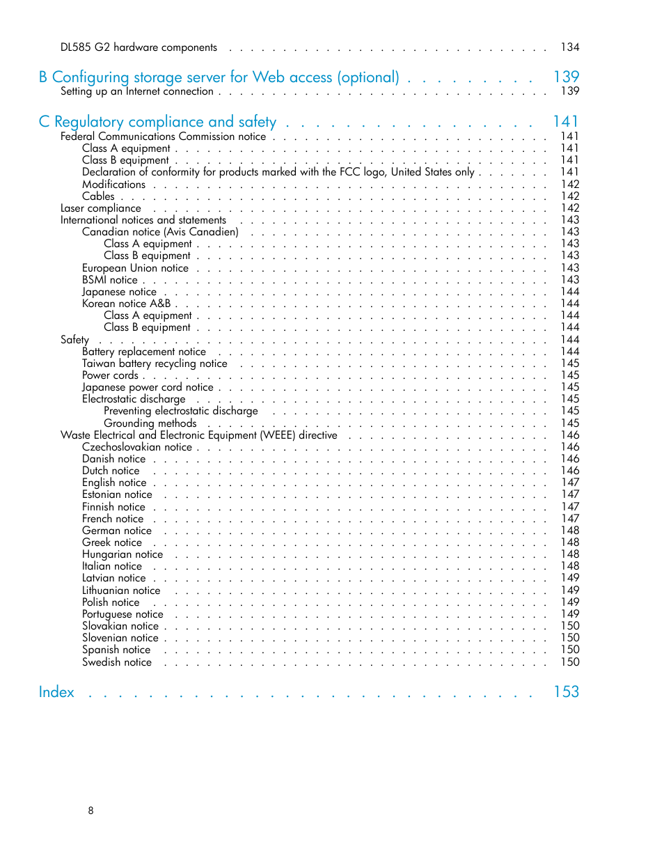 C regulatory compliance and safety, Index | HP ProLiant DL380 G5-Storage-Server User Manual | Page 8 / 156
