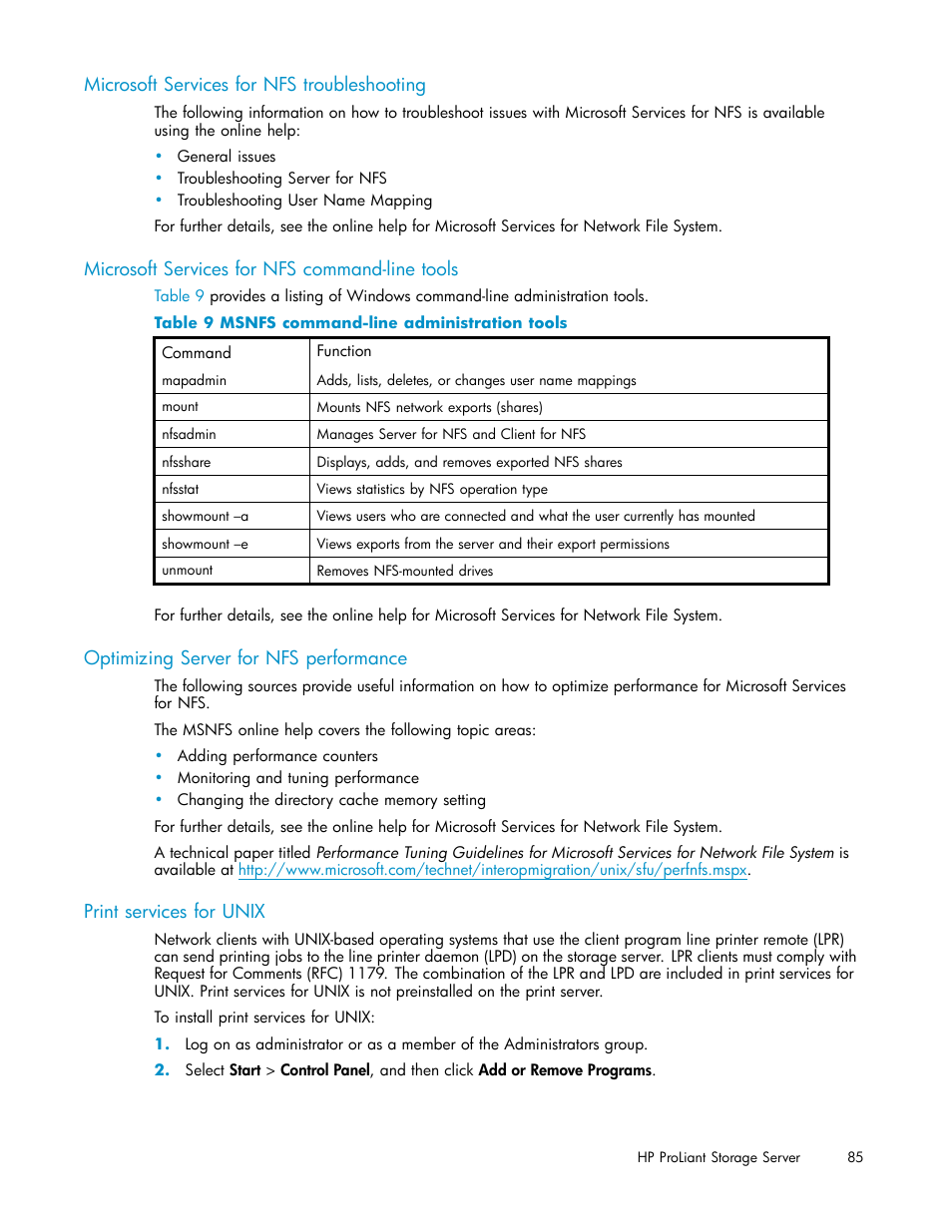 Microsoft services for nfs troubleshooting, Microsoft services for nfs command-line tools, Optimizing server for nfs performance | Print services for unix, Msnfs command-line administration tools | HP ProLiant DL380 G5-Storage-Server User Manual | Page 85 / 156