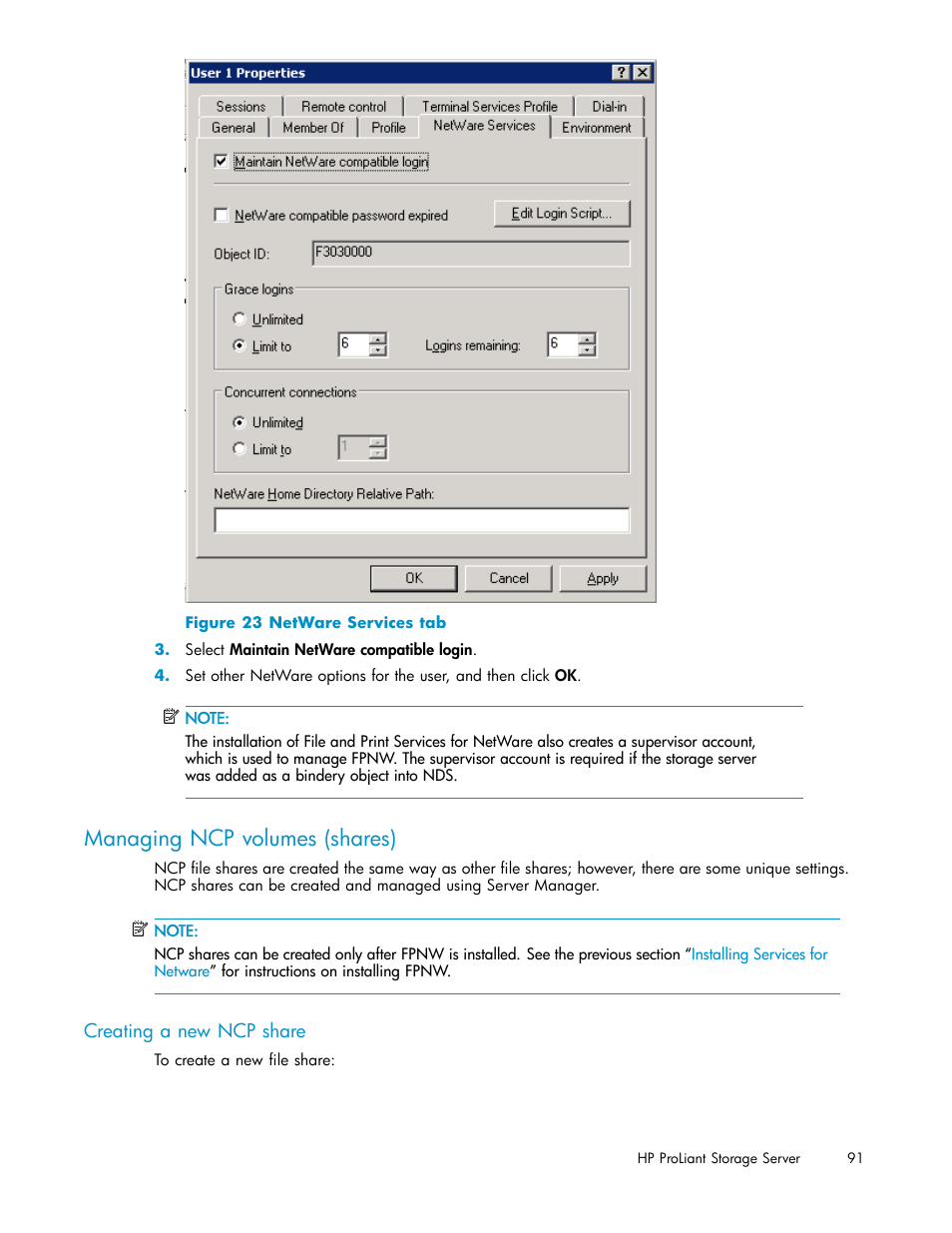 Managing ncp volumes (shares), Creating a new ncp share, Netware services tab | HP ProLiant DL380 G5-Storage-Server User Manual | Page 91 / 156