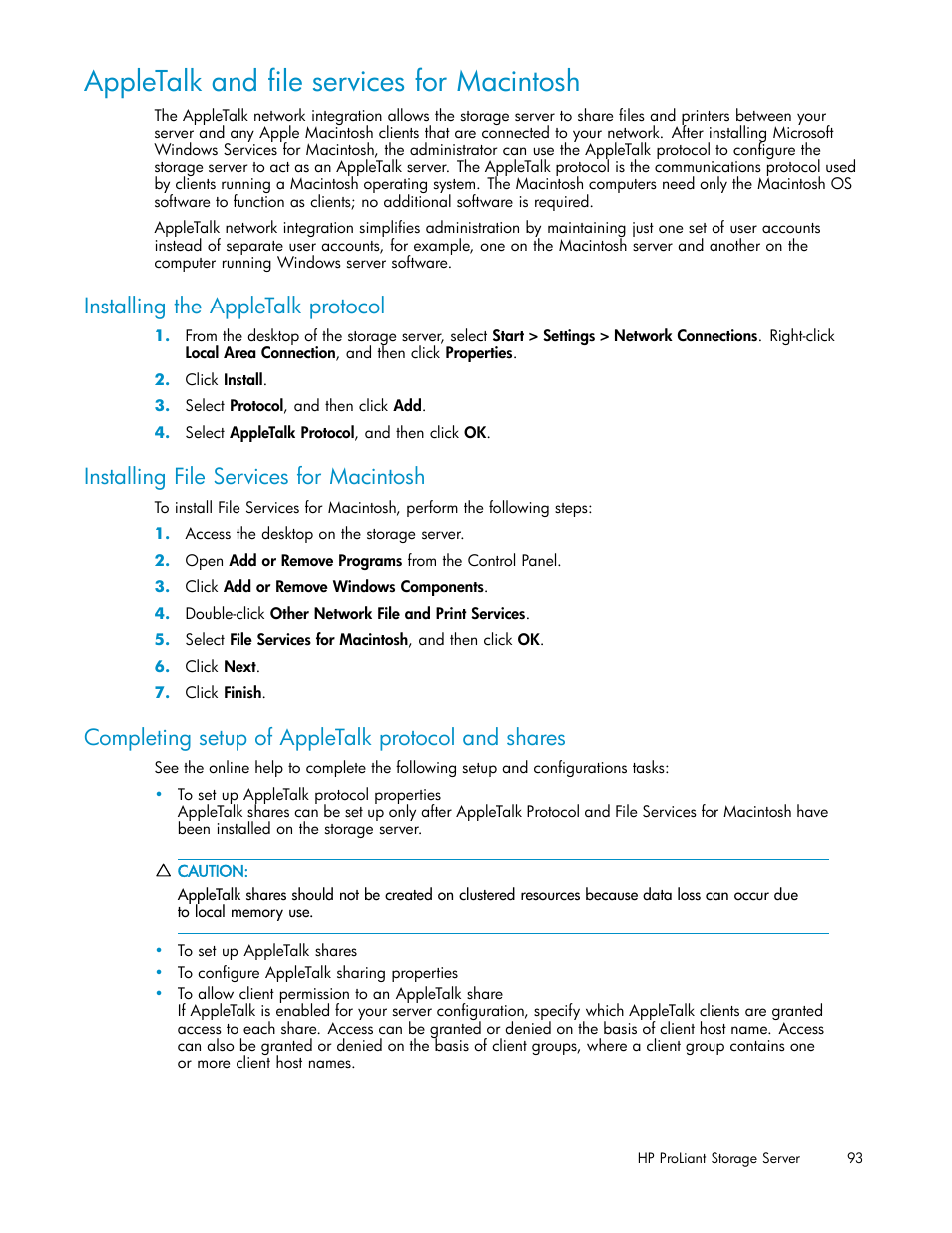 Appletalk and file services for macintosh, Installing the appletalk protocol, Installing file services for macintosh | Completing setup of appletalk protocol and shares | HP ProLiant DL380 G5-Storage-Server User Manual | Page 93 / 156