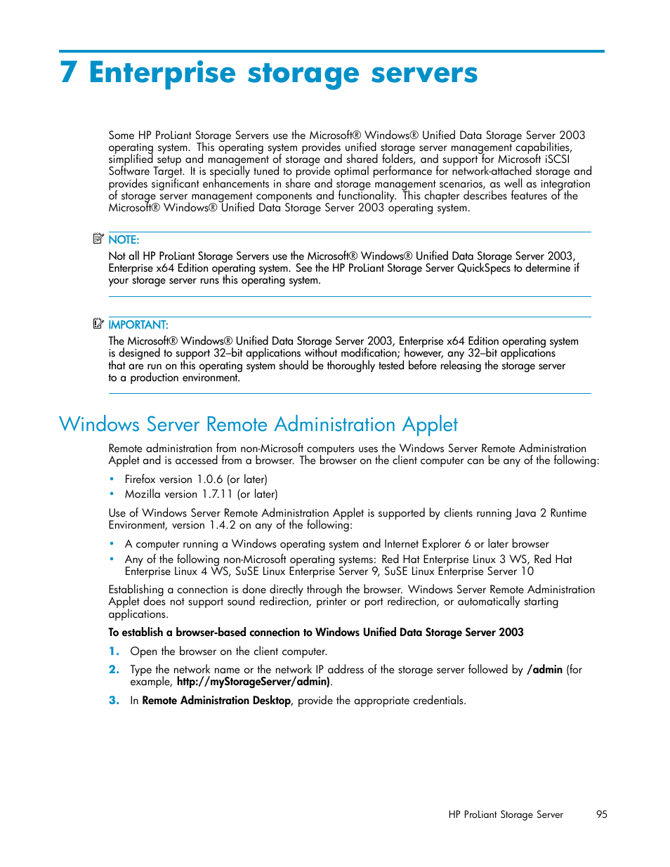 7 enterprise storage servers, Windows server remote administration applet | HP ProLiant DL380 G5-Storage-Server User Manual | Page 95 / 156
